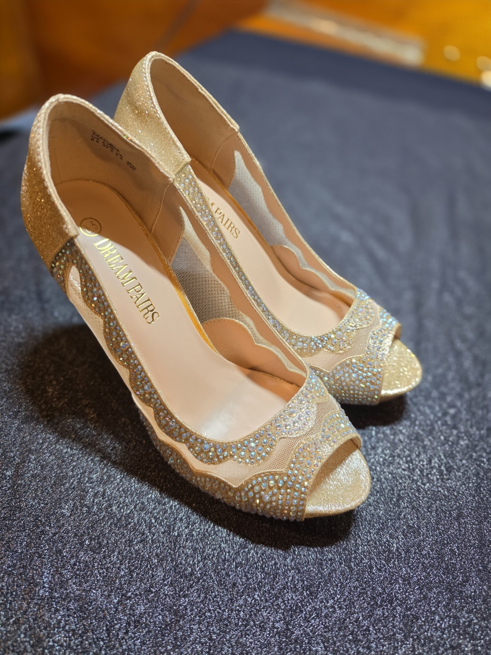 Dream Pairs Champagne Gold Glitter Peep-Toe Heels with Crystal Accents